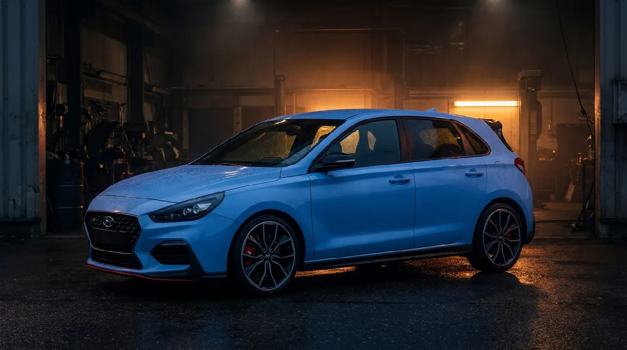 Hyundai i30 N in Performance Blue in een werkplaats
