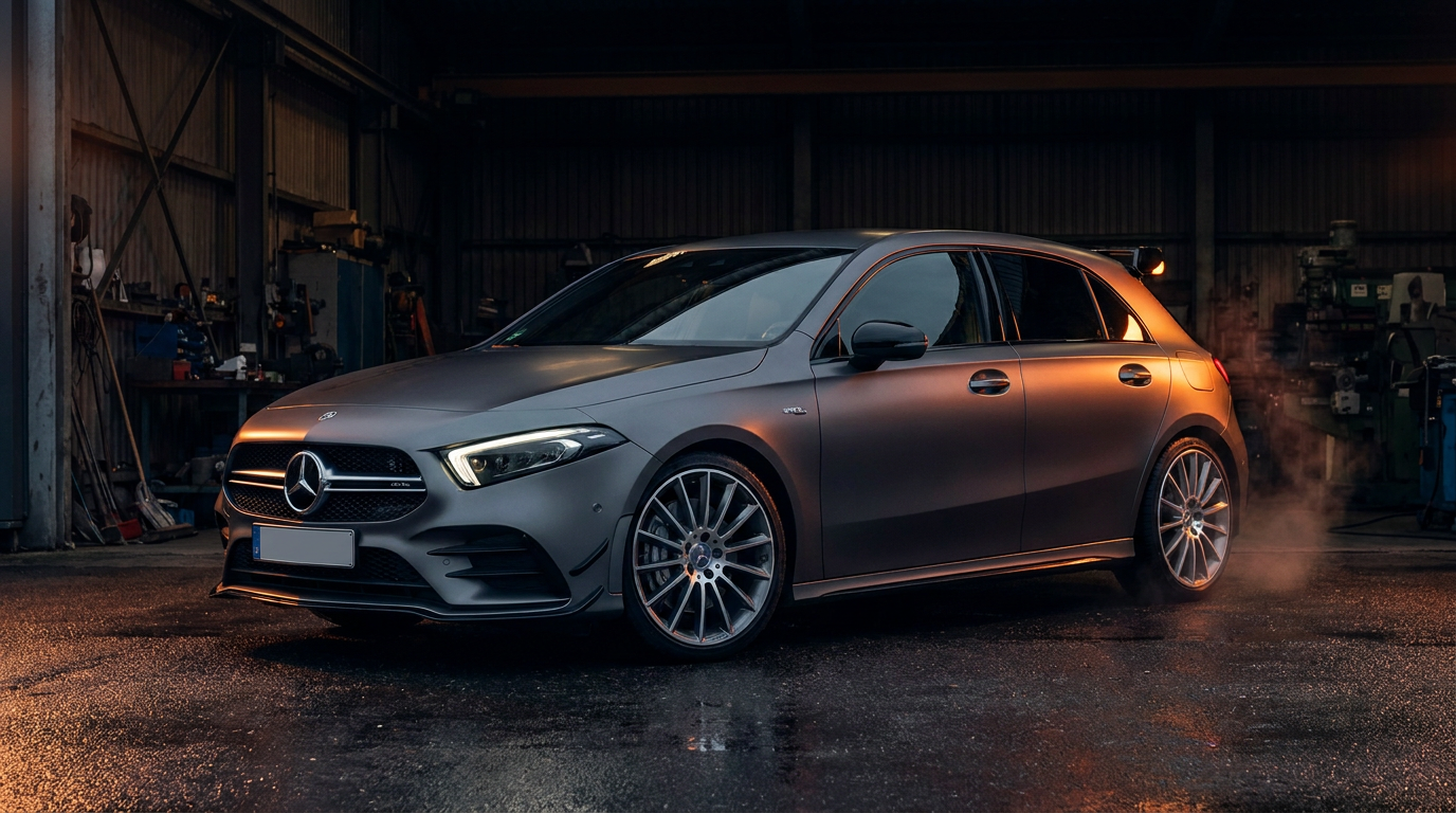 Mercedes-AMG A35 in mountain grey in een werkplaats
