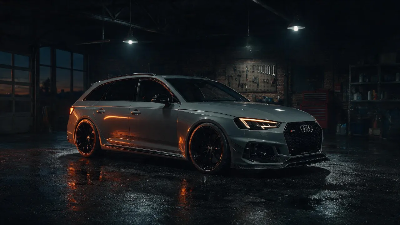 Audi RS4 Avant B9 in donkere tuningwerkplaats