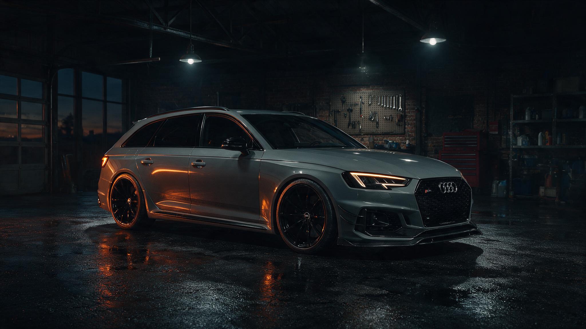 Audi RS4 Avant B9 in donkere tuningwerkplaats