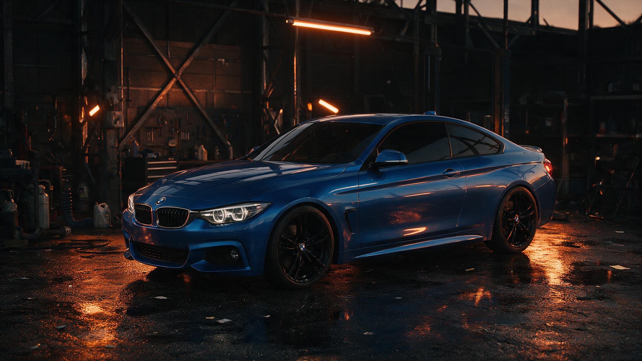 BMW 440i Coupe F32 in donkere tuningwerkplaats