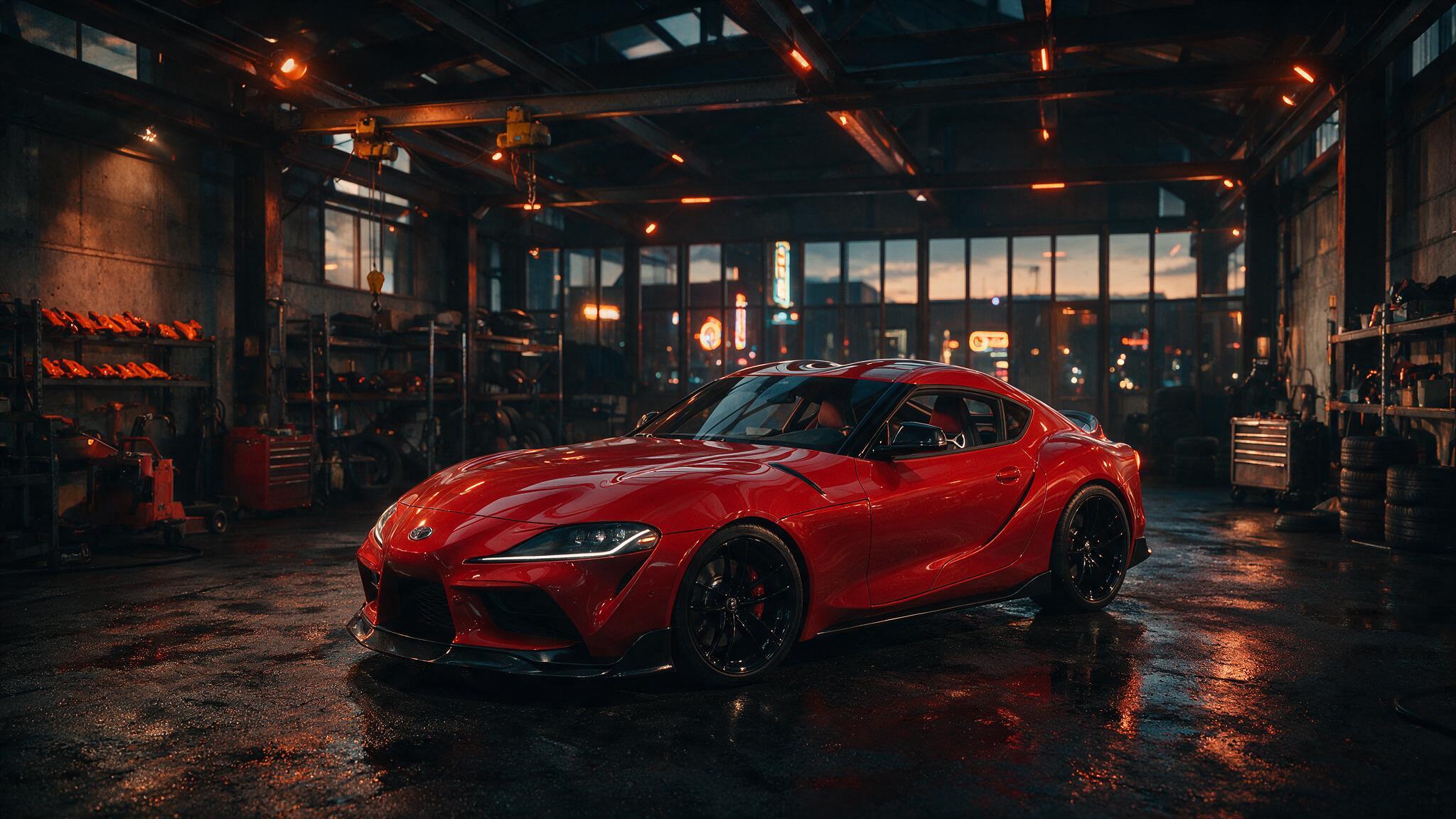 Toyota GR Supra 2.0 in donkere tuningwerkplaats