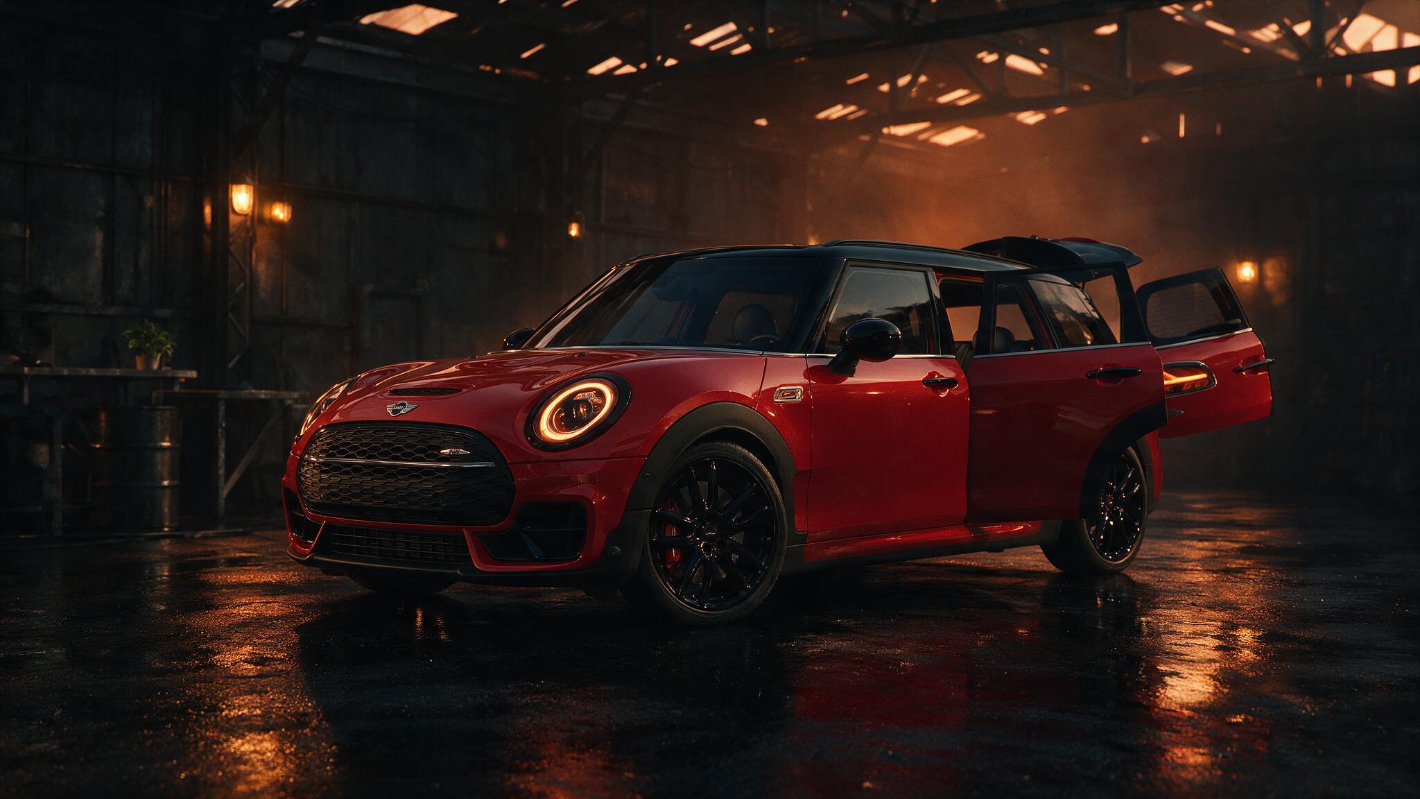 Mini Clubman John Cooper Works in Chili Red in de werkplaats
