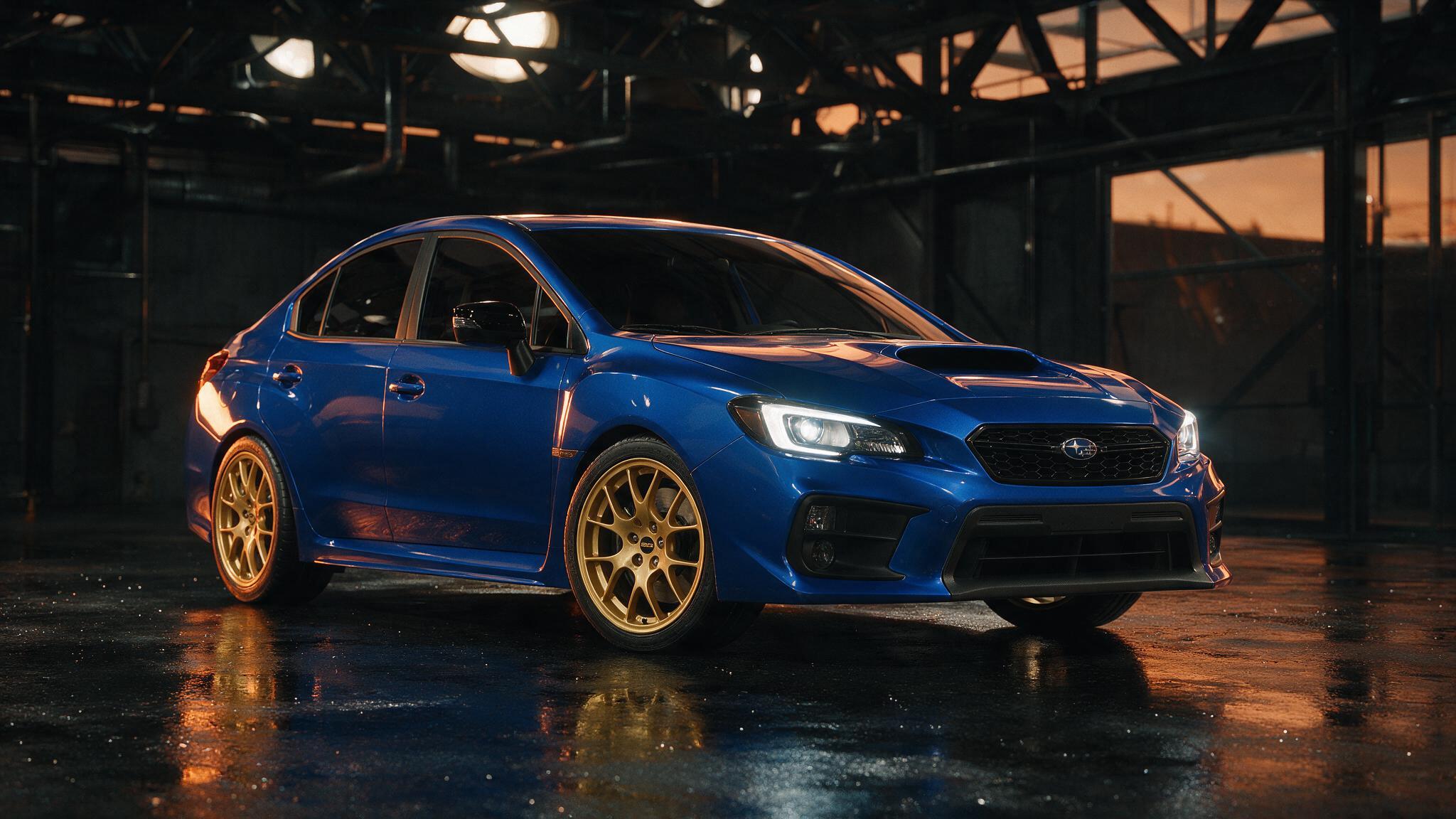 Subaru WRX in World Rally Blue in de werkplaats