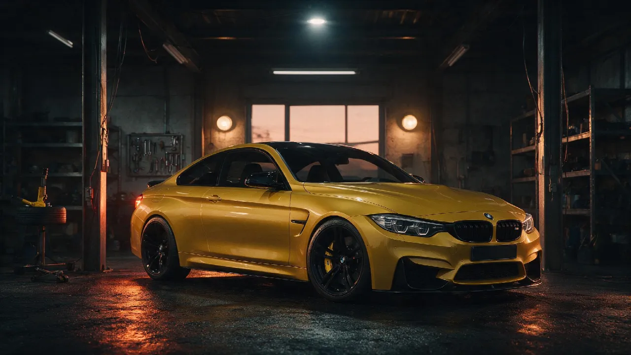 BMW M4 F82 in een donkere werkplaats, driekwart vooraanzicht