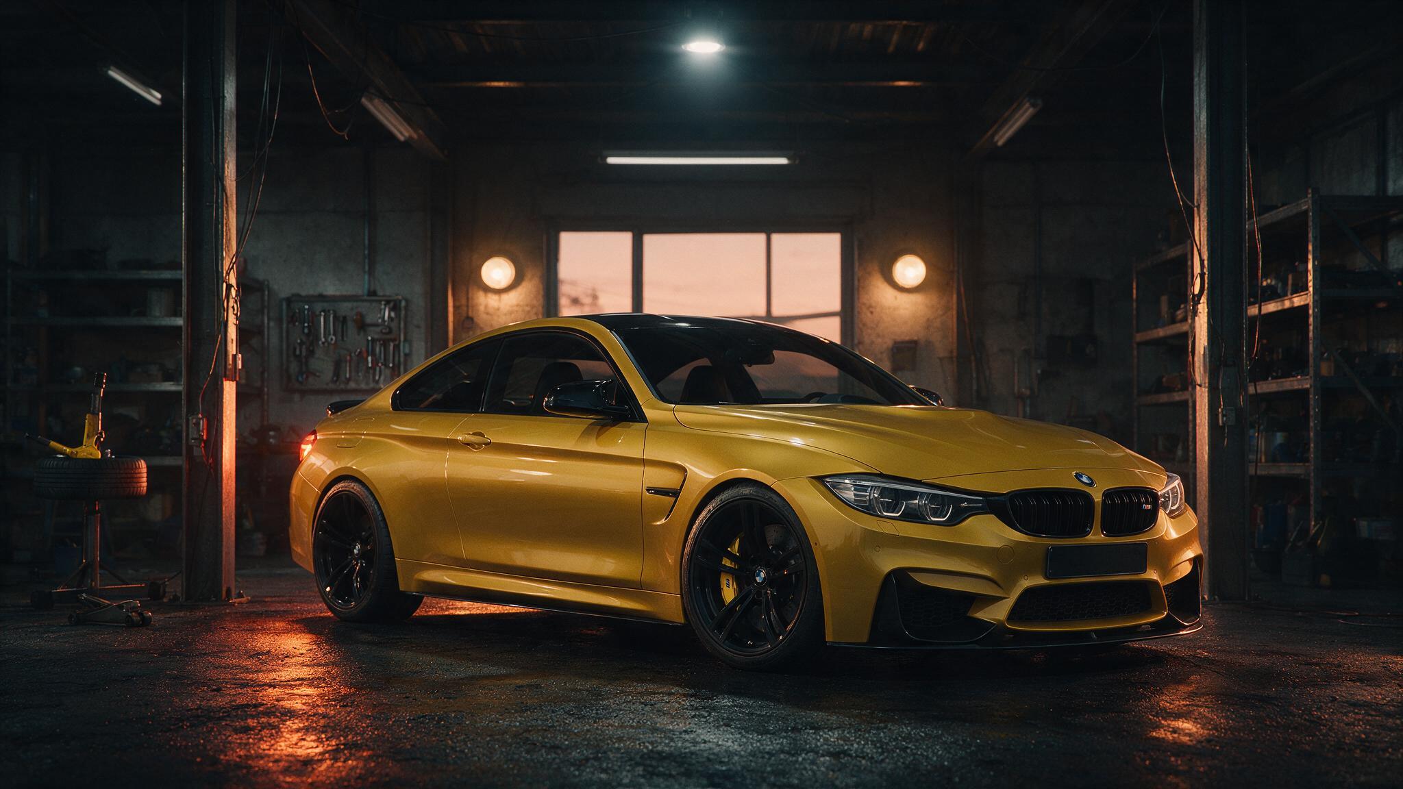 BMW M4 F82 in een donkere werkplaats, driekwart vooraanzicht