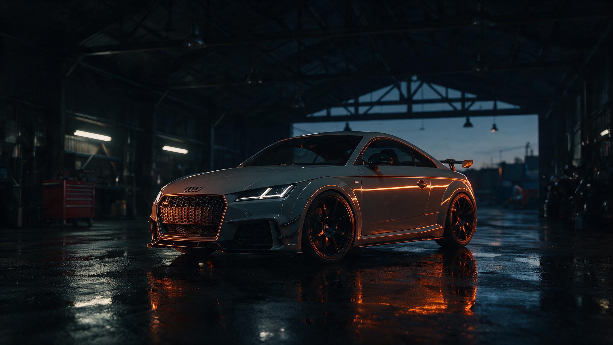 Audi TT RS 8S in een donkere werkplaats, driekwart vooraanzicht