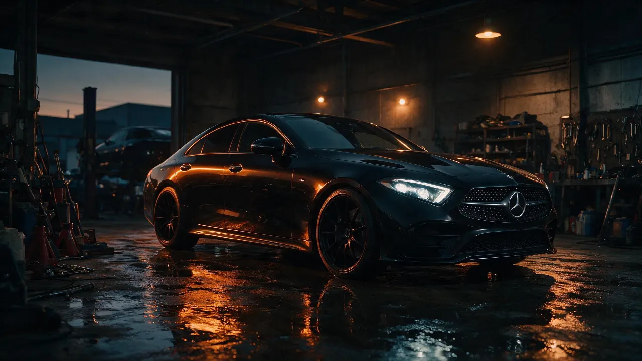 Mercedes CLS 350d in een donkere werkplaats, driekwart vooraanzicht