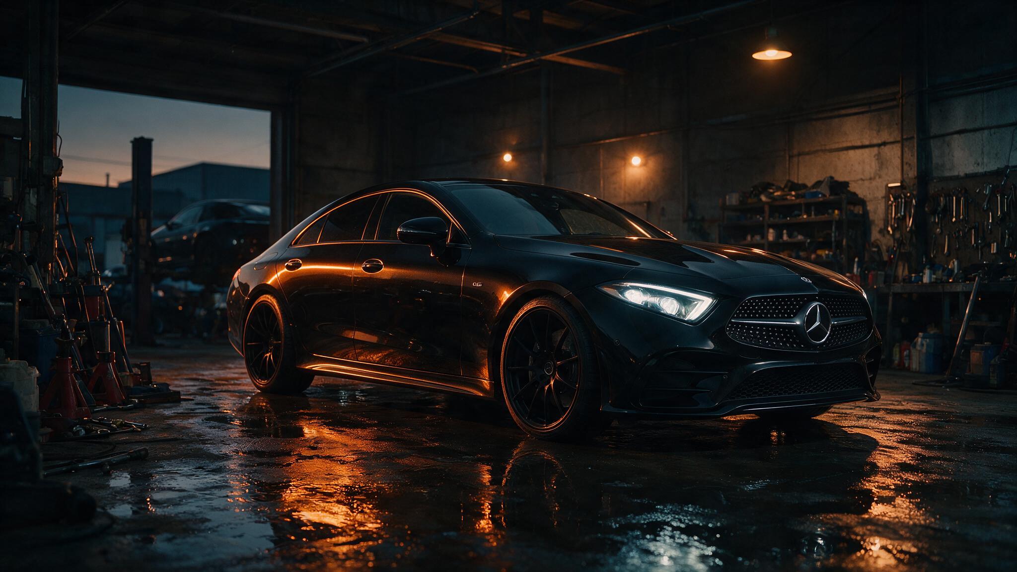 Mercedes CLS 350d in een donkere werkplaats, driekwart vooraanzicht