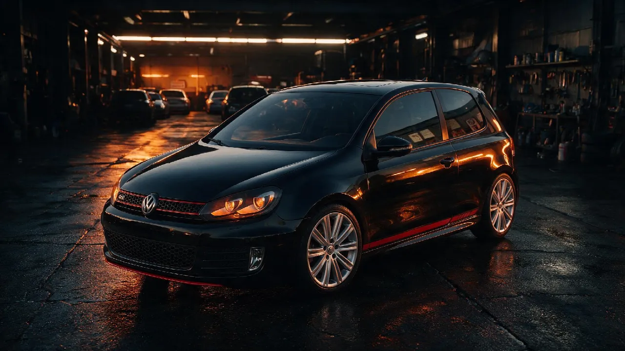 Volkswagen Golf 6 GTI Edition 35 in een donkere werkplaats, driekwart vooraanzicht