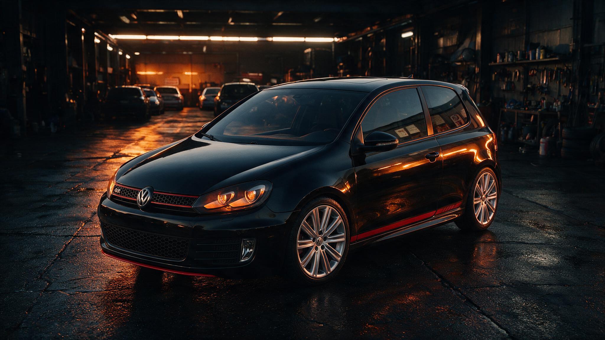 Volkswagen Golf 6 GTI Edition 35 in een donkere werkplaats, driekwart vooraanzicht