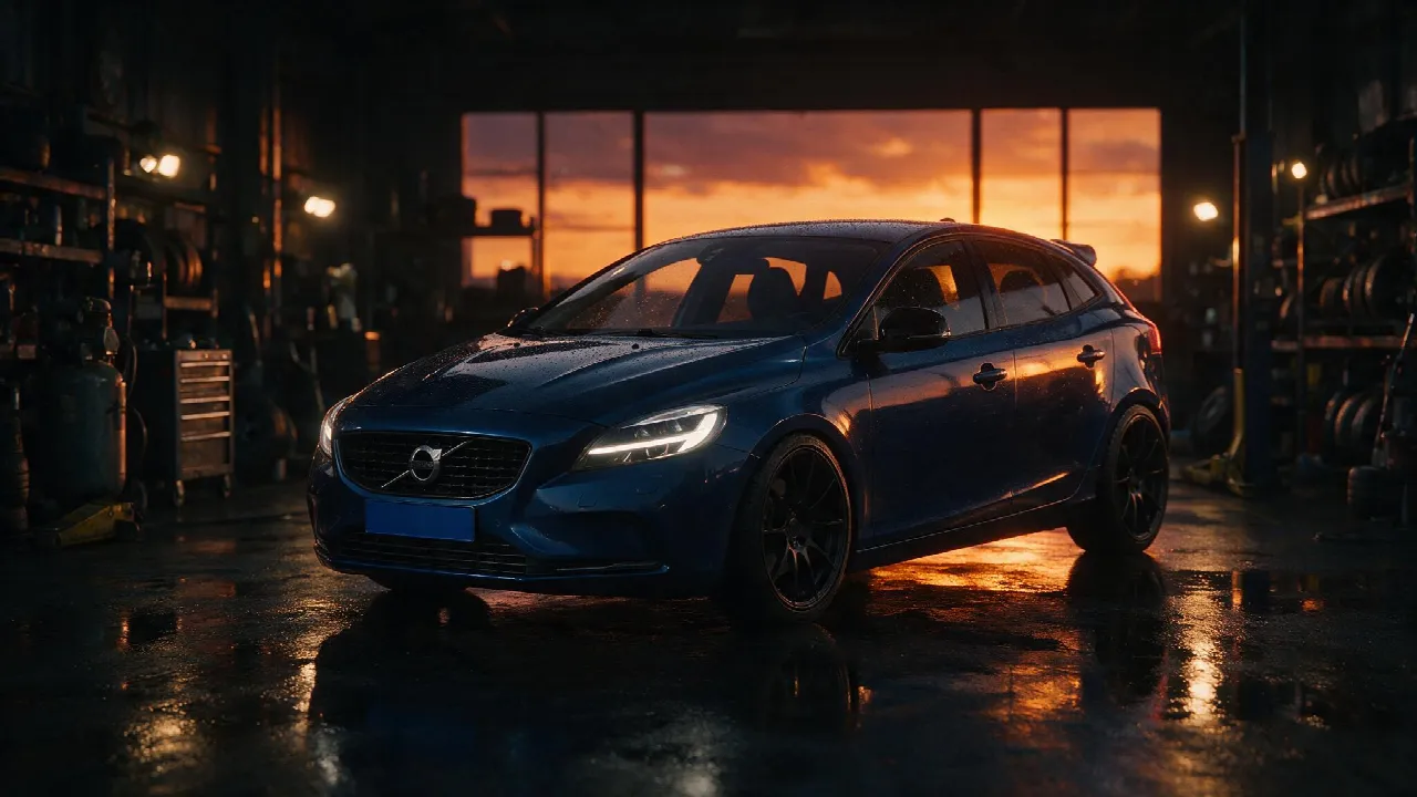 Volvo V40 in een donkere werkplaats, driekwart vooraanzicht