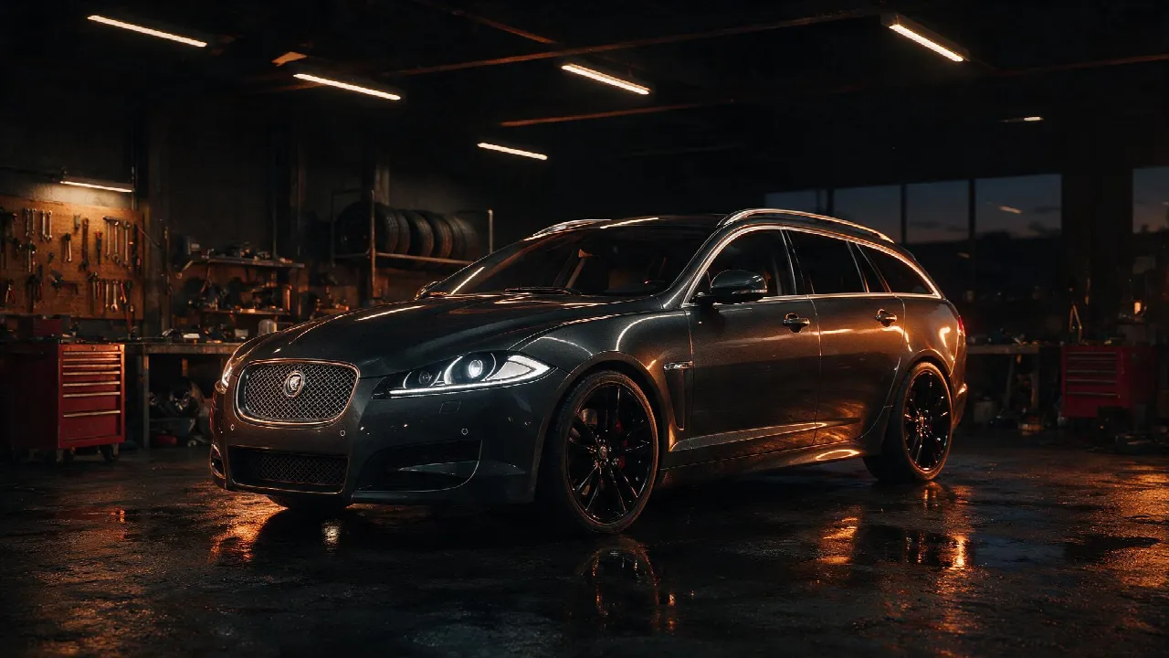Jaguar XF Sportbrake in een donkere werkplaats, driekwart vooraanzicht