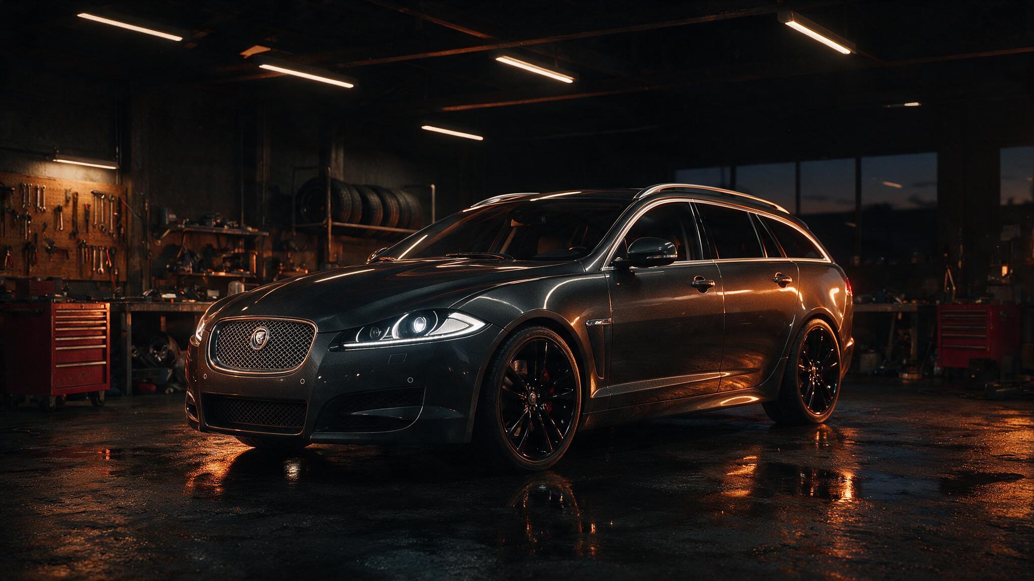 Jaguar XF Sportbrake in een donkere werkplaats, driekwart vooraanzicht