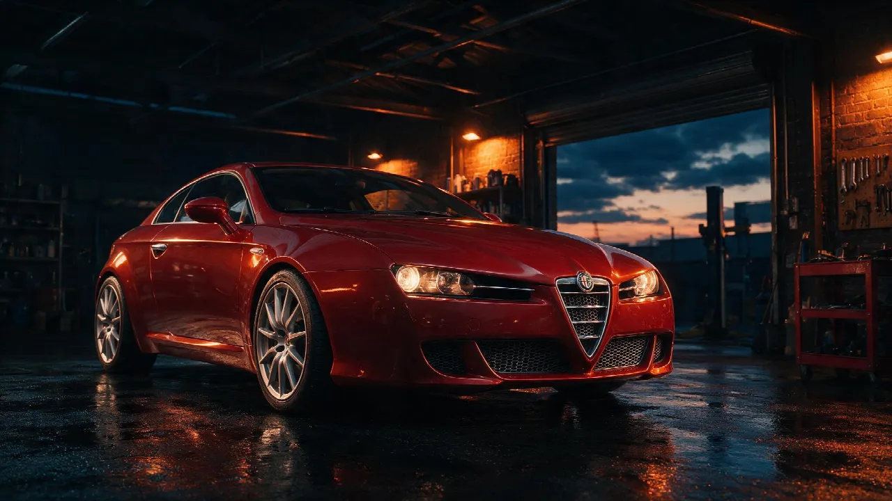 Alfa Romeo Brera in een donkere werkplaats, driekwart vooraanzicht