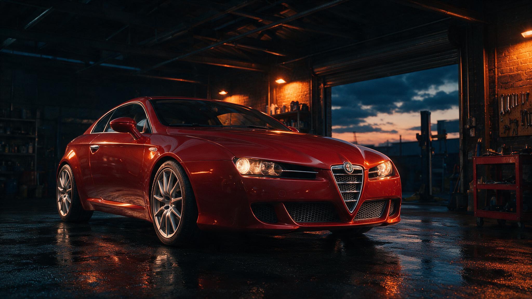 Alfa Romeo Brera in een donkere werkplaats, driekwart vooraanzicht