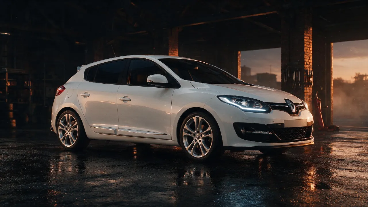 Renault Megane in een donkere werkplaats, driekwart vooraanzicht