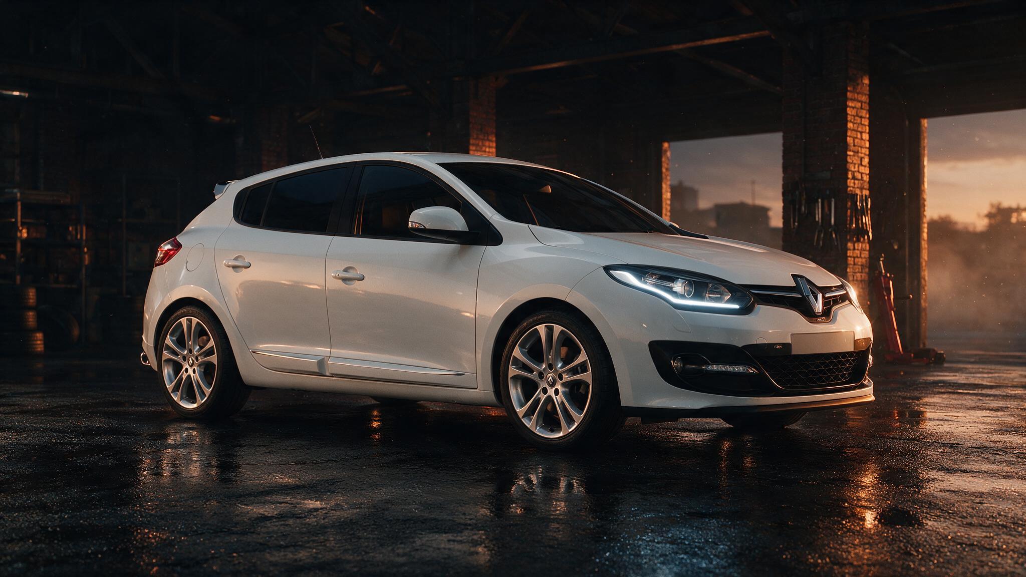 Renault Megane in een donkere werkplaats, driekwart vooraanzicht