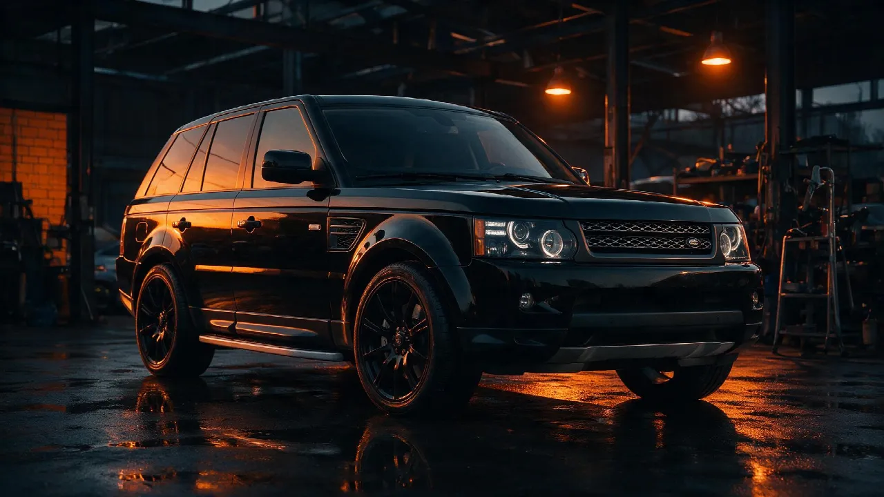 Range Rover Sport in een donkere werkplaats, driekwart vooraanzicht