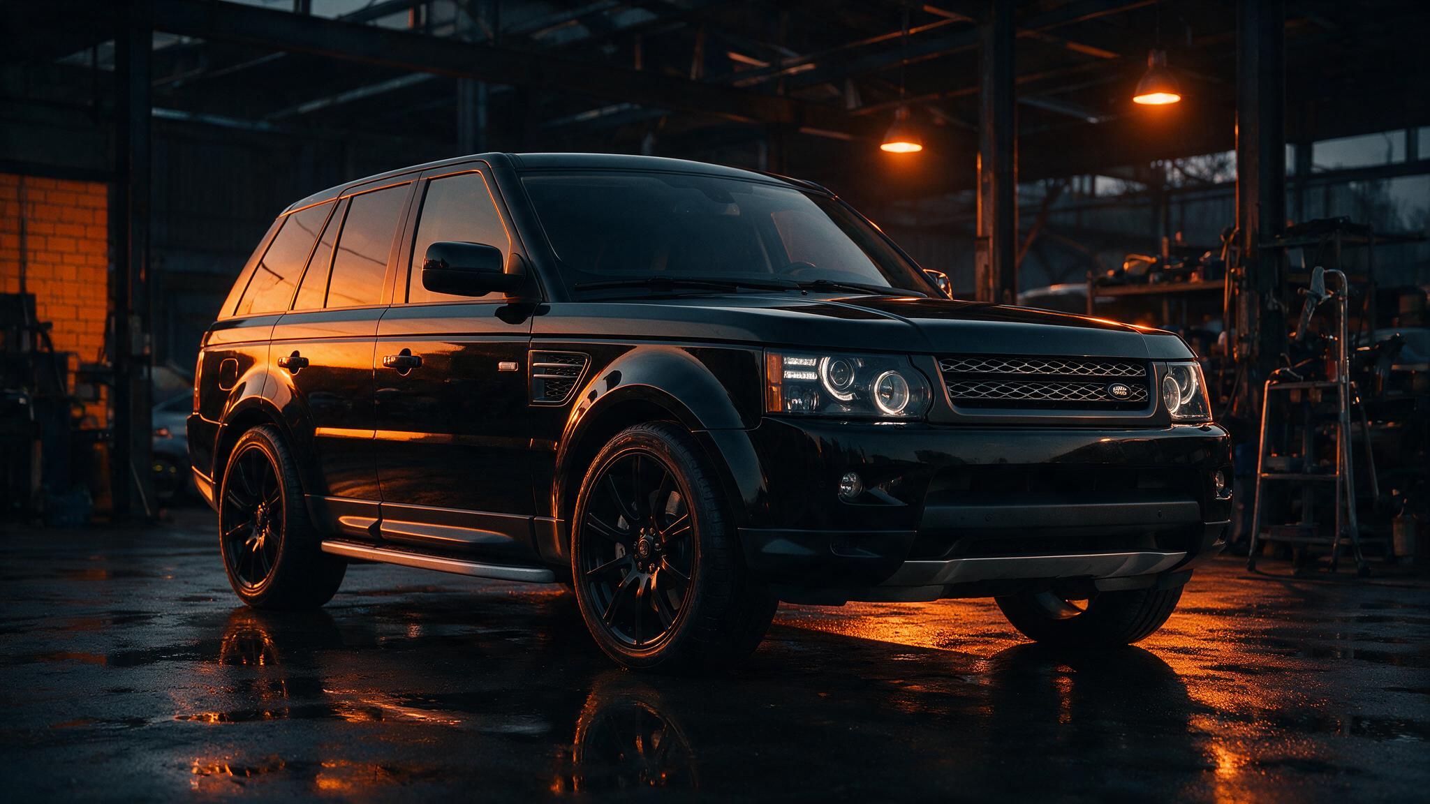 Range Rover Sport in een donkere werkplaats, driekwart vooraanzicht