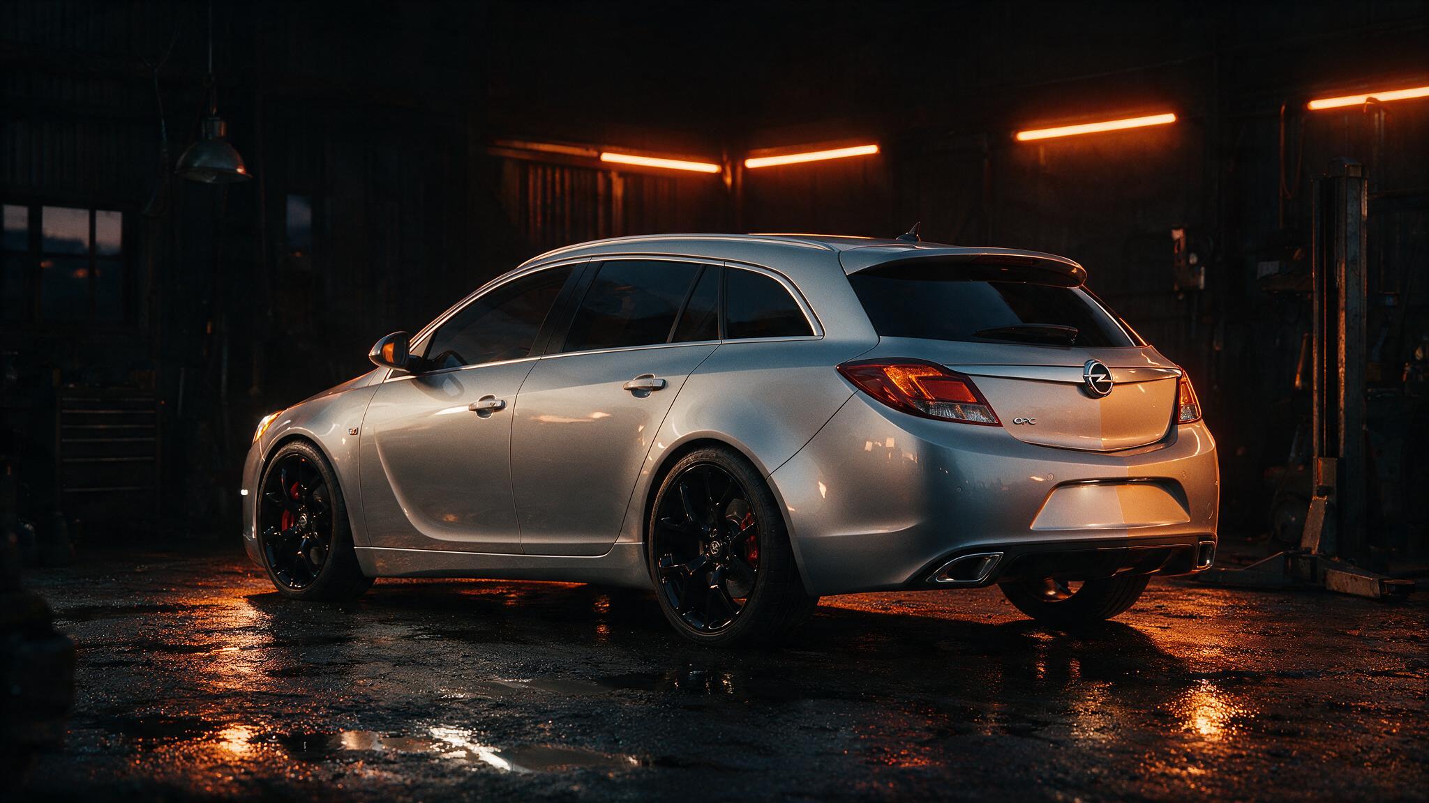 Opel Insignia in een donkere werkplaats, driekwart vooraanzicht