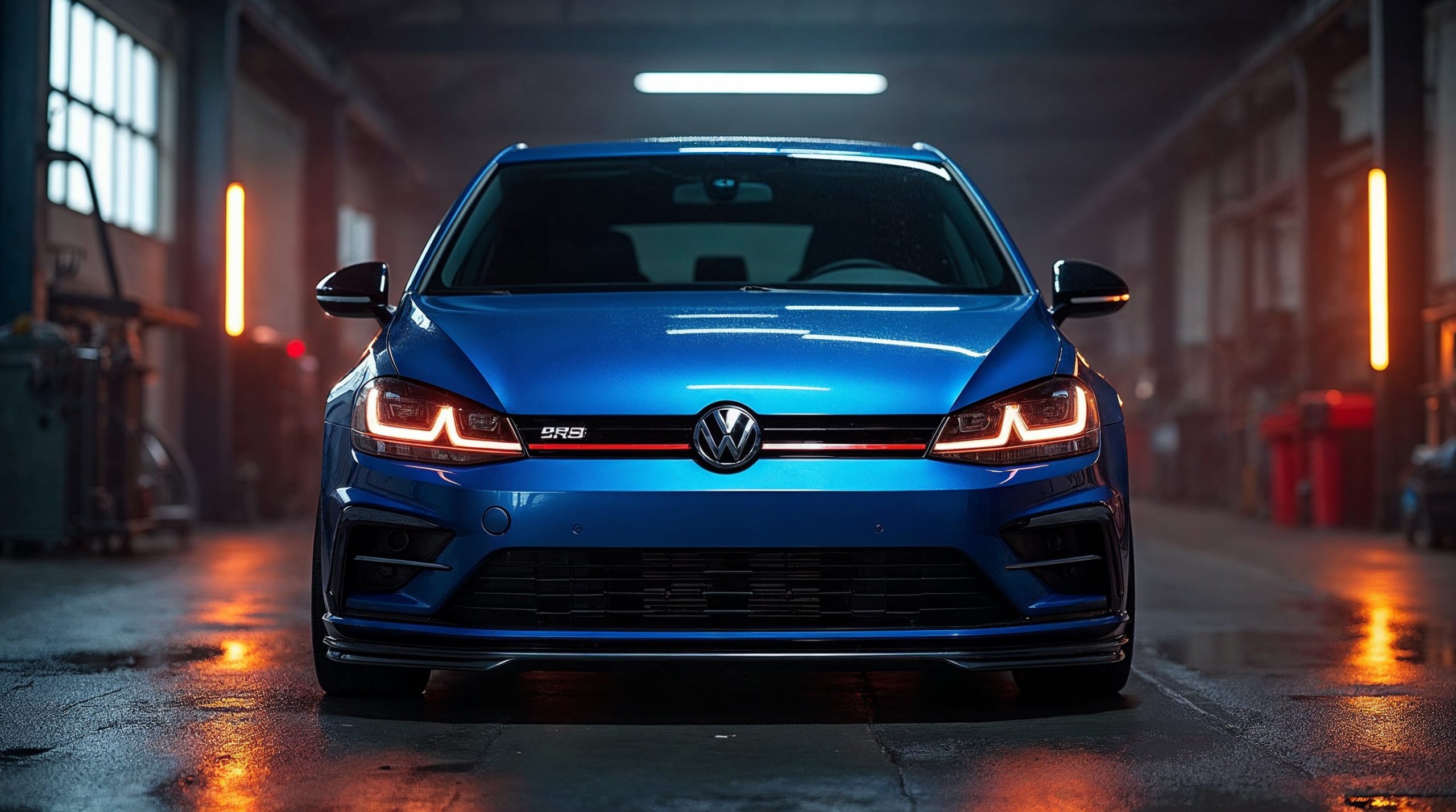 Volkswagen Golf 8 R in Lapiz Blue in een tuningwerkplaats