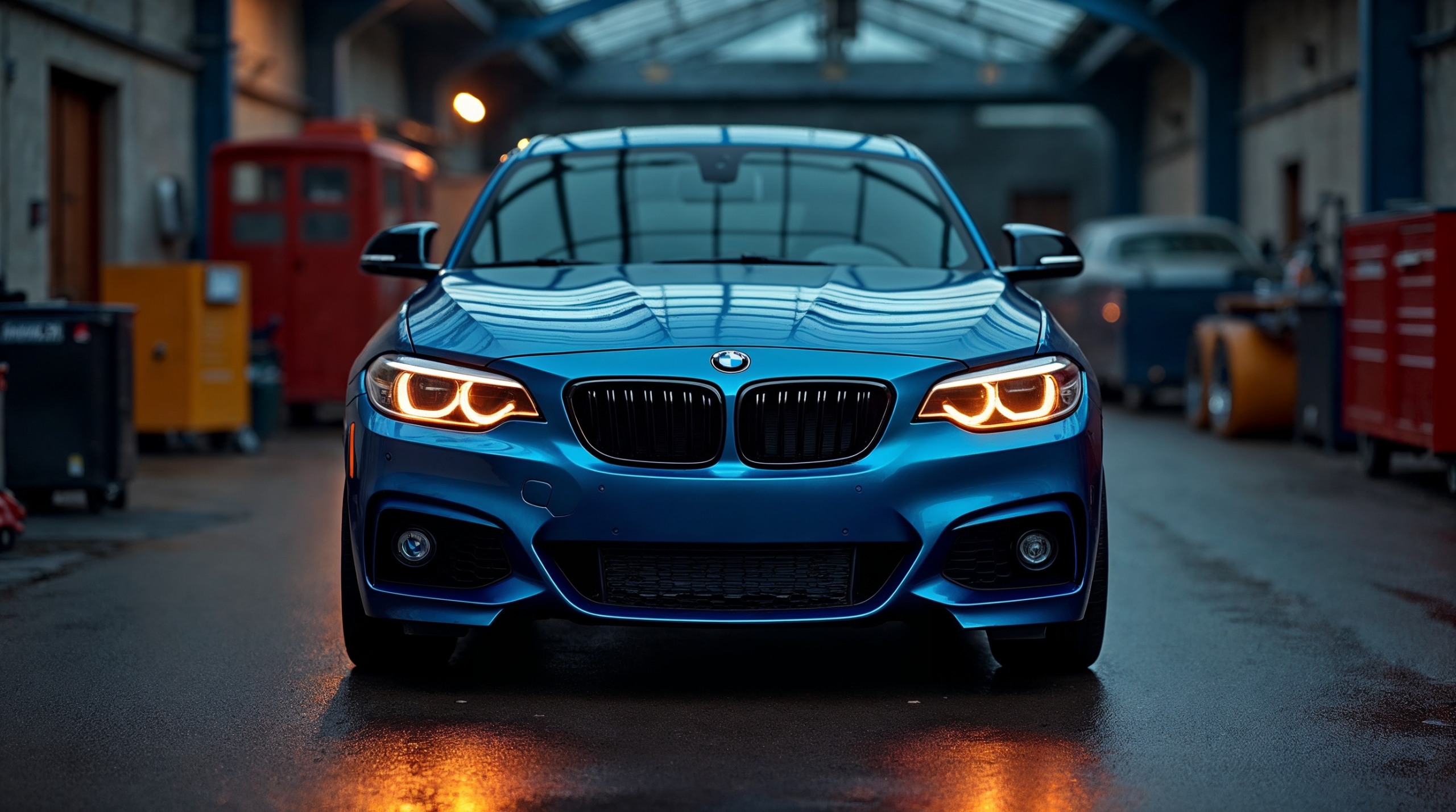 BMW M240i F22 in Estoril Blue in een tuningwerkplaats