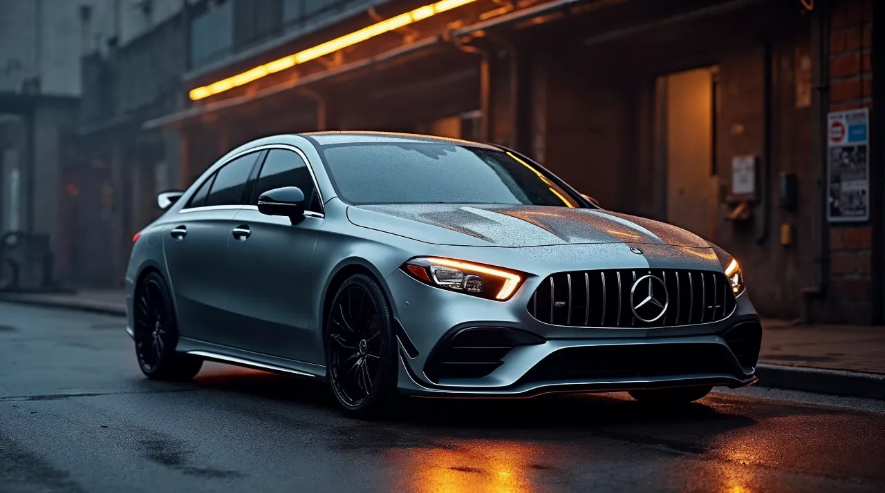 Mercedes-AMG CLA 35 in Mountain Grey in een tuningwerkplaats