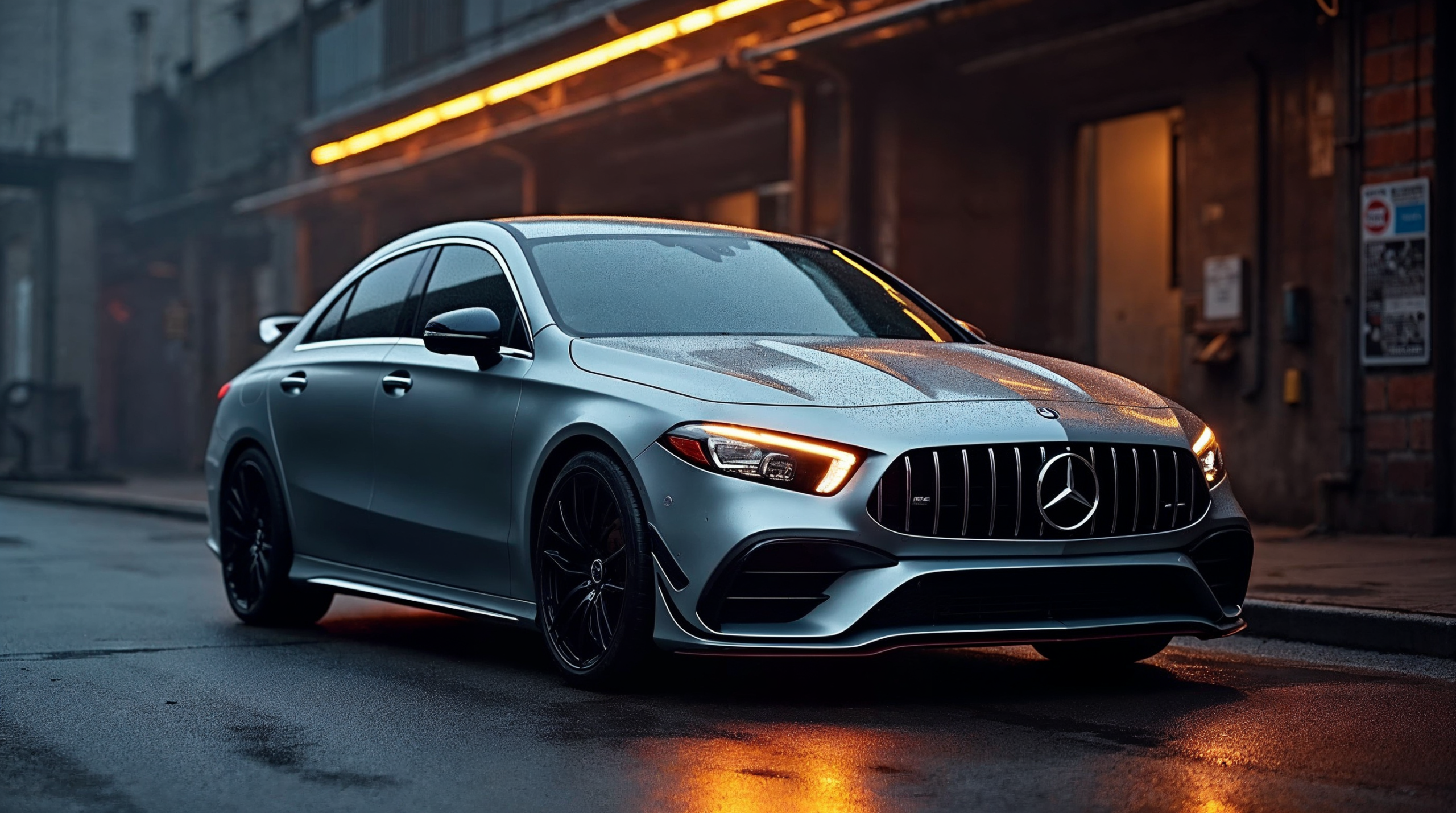 Mercedes-AMG CLA 35 in Mountain Grey in een tuningwerkplaats