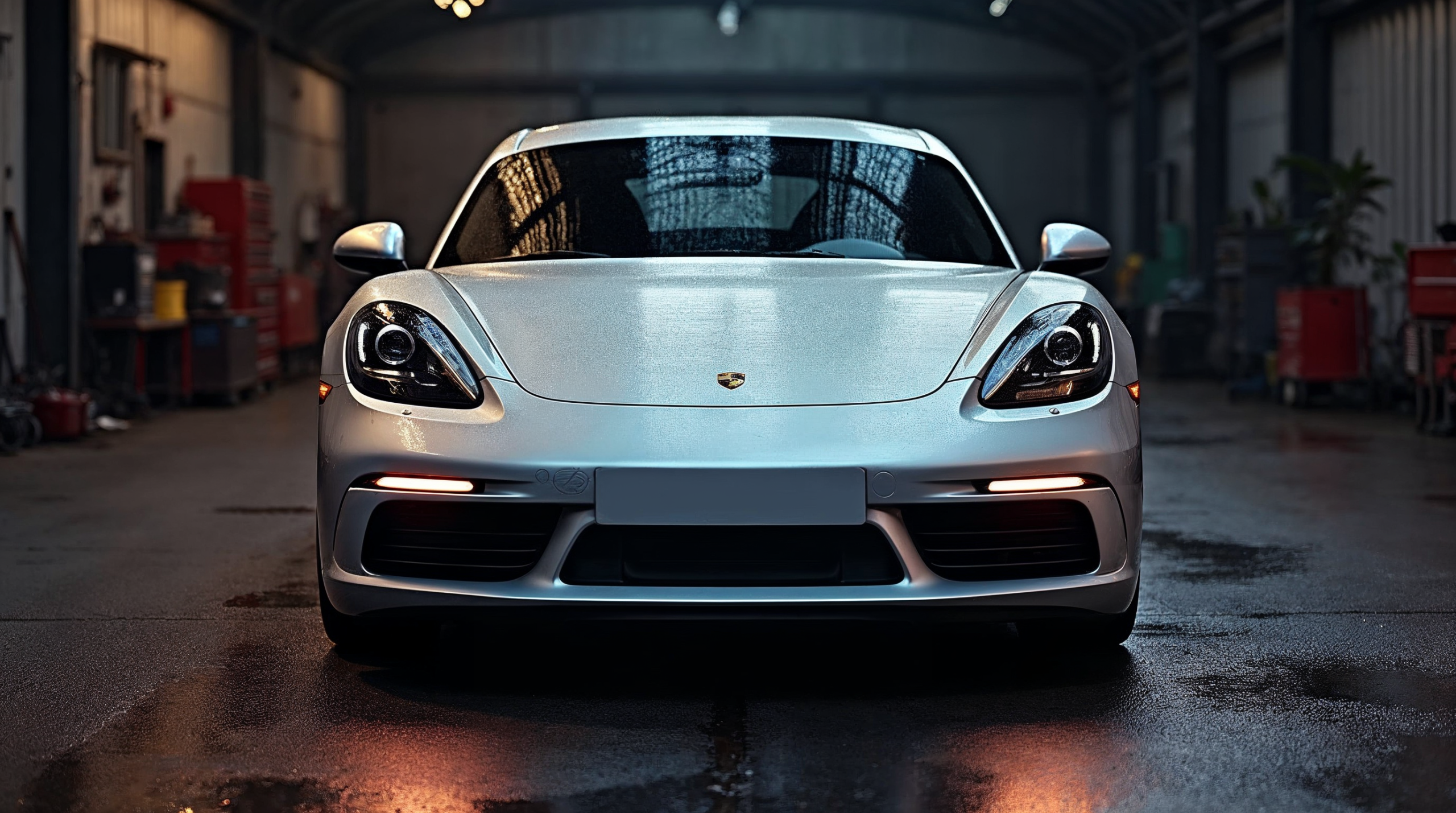 Porsche 718 Cayman GTS in GT Silver in een tuningwerkplaats