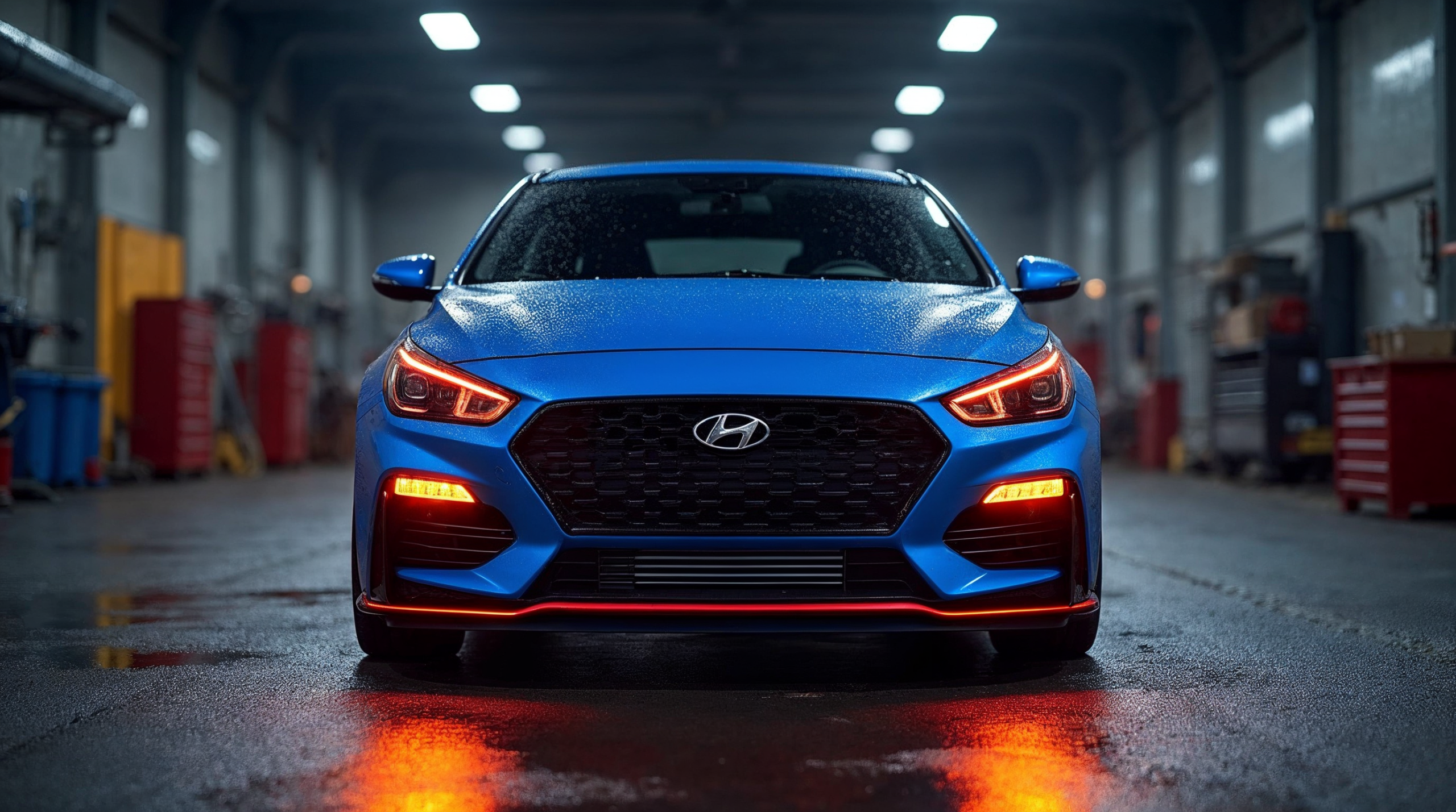 Hyundai i30 N in Performance Blue in een tuningwerkplaats