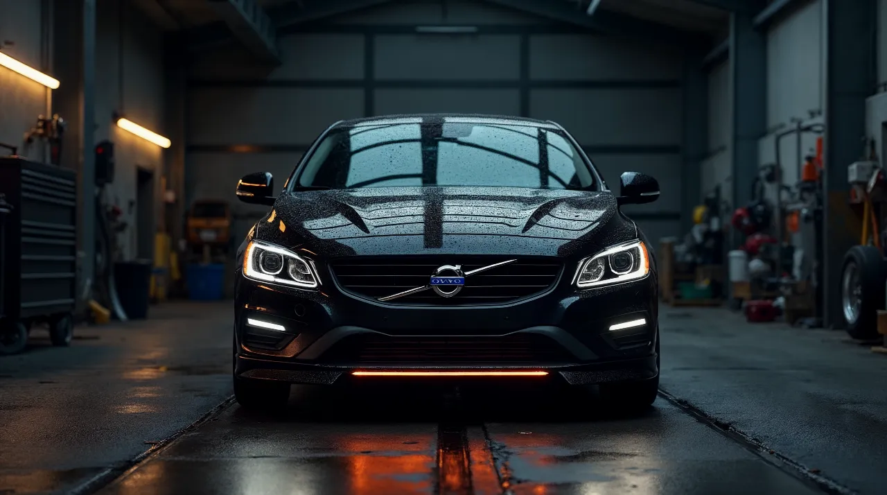 Volvo S60 T6 in het zwart in een tuningwerkplaats