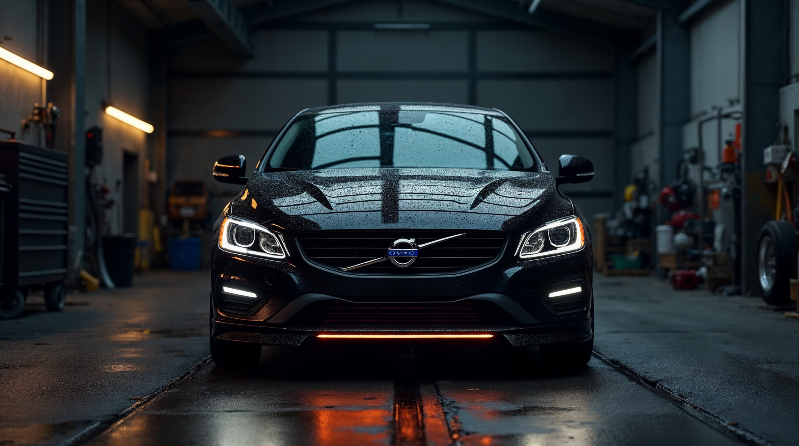 Volvo S60 T6 in het zwart in een tuningwerkplaats