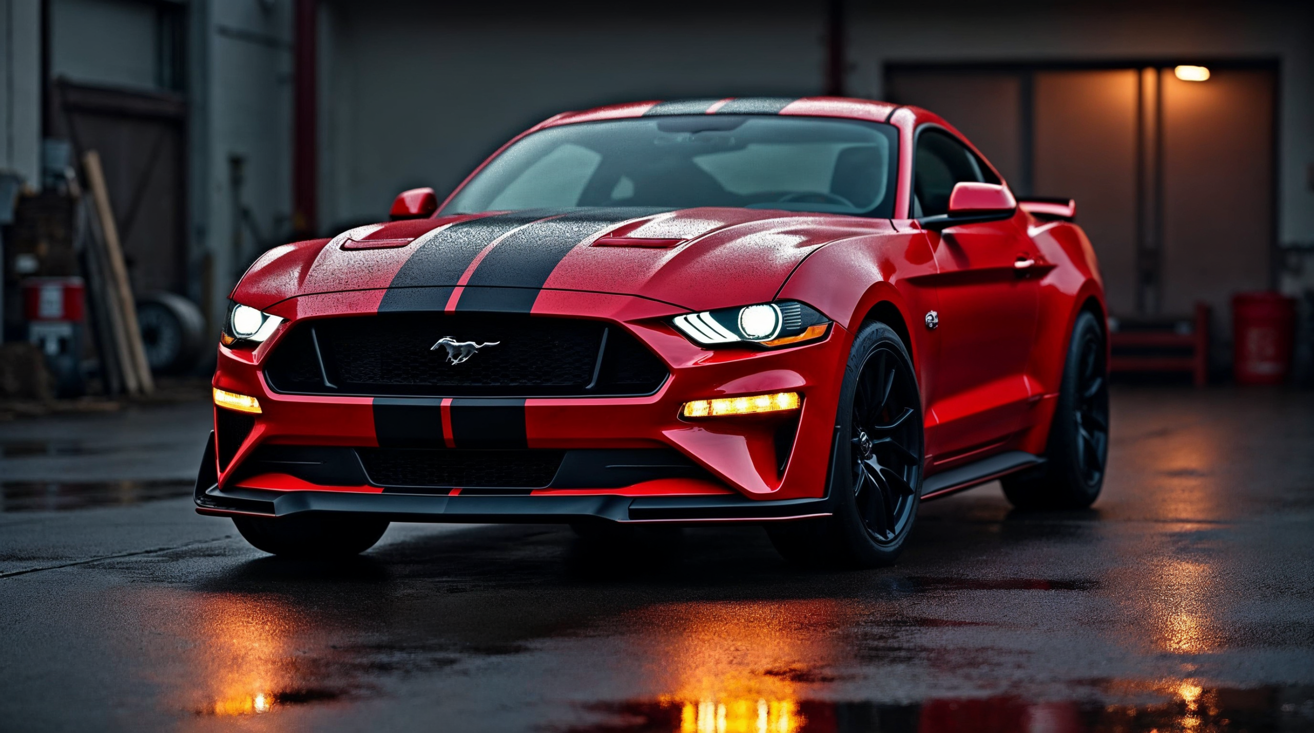 Ford Mustang 2.3 EcoBoost in Race Red in een tuningwerkplaats