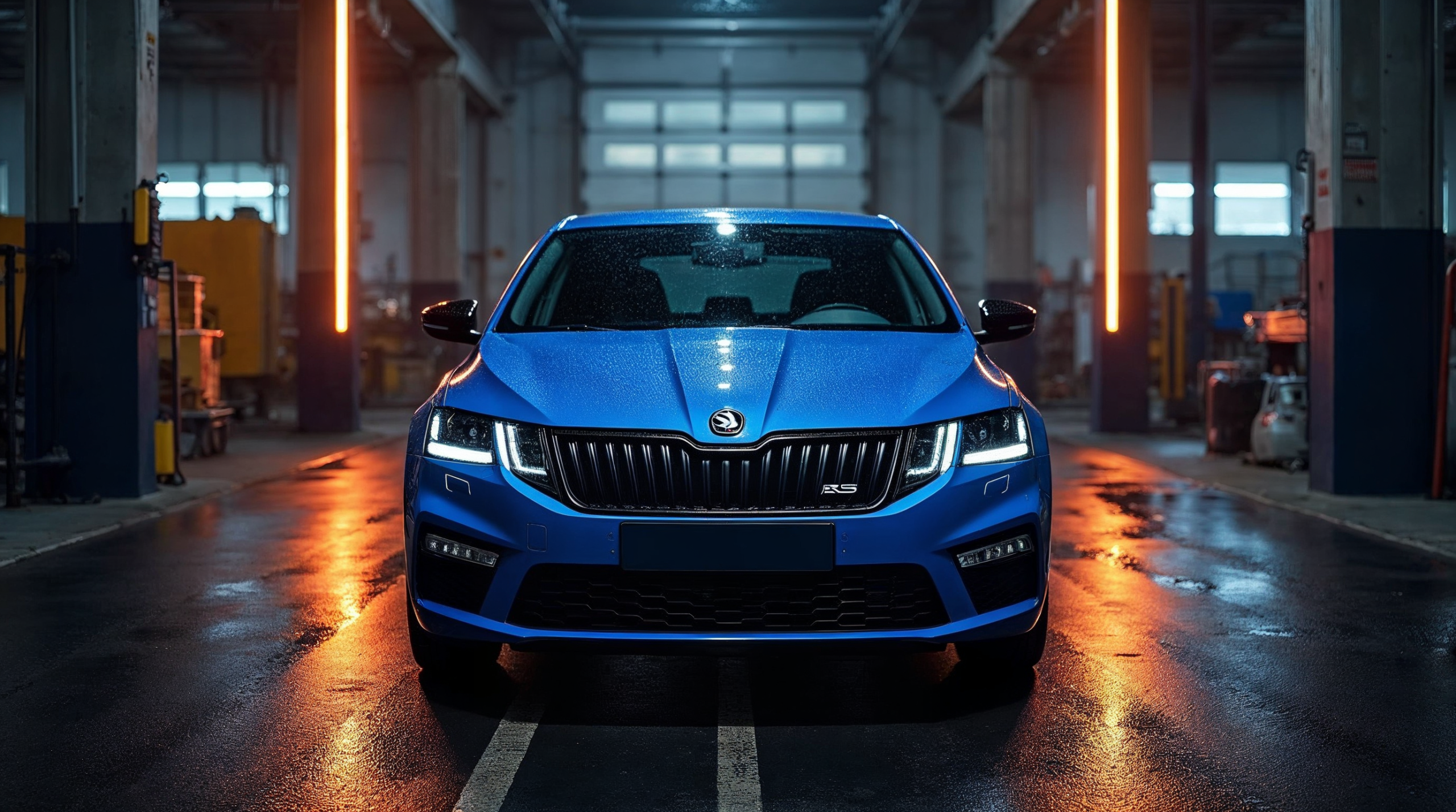 Skoda Octavia RS in Race Blue in een tuningwerkplaats