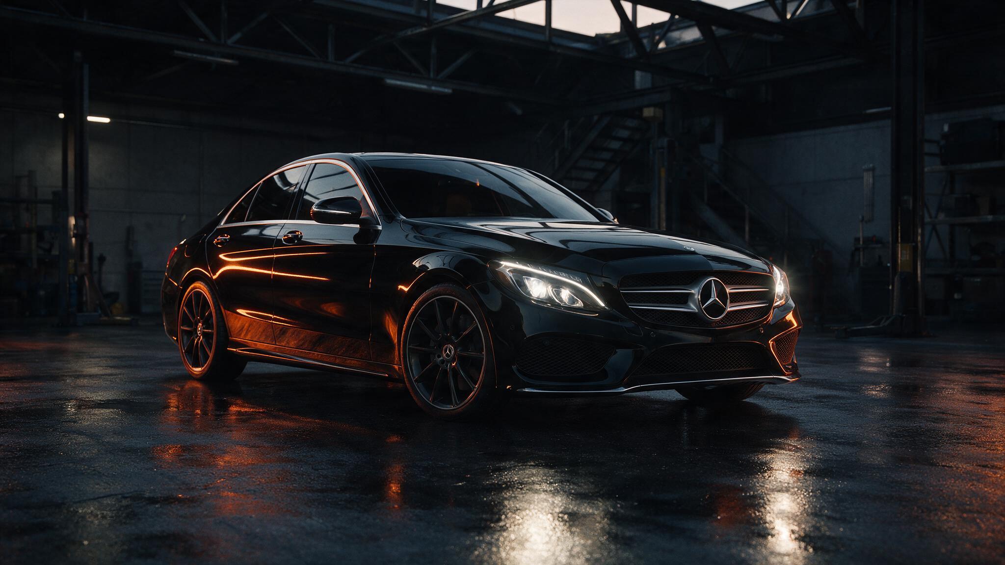 Mercedes C220d in een donkere werkplaats - chiptuning door JPT Performance