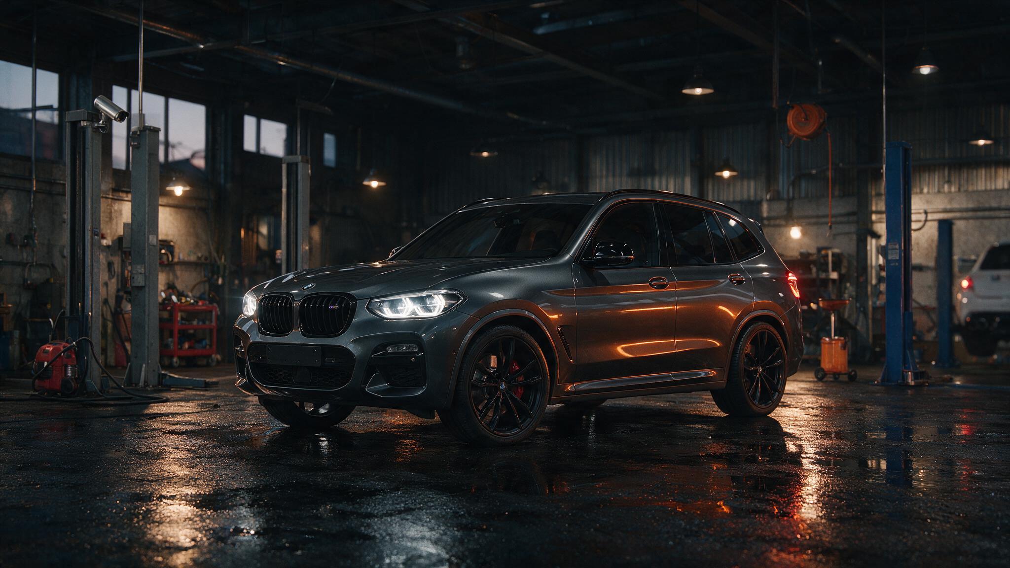 BMW X3 M40i in een donkere werkplaats