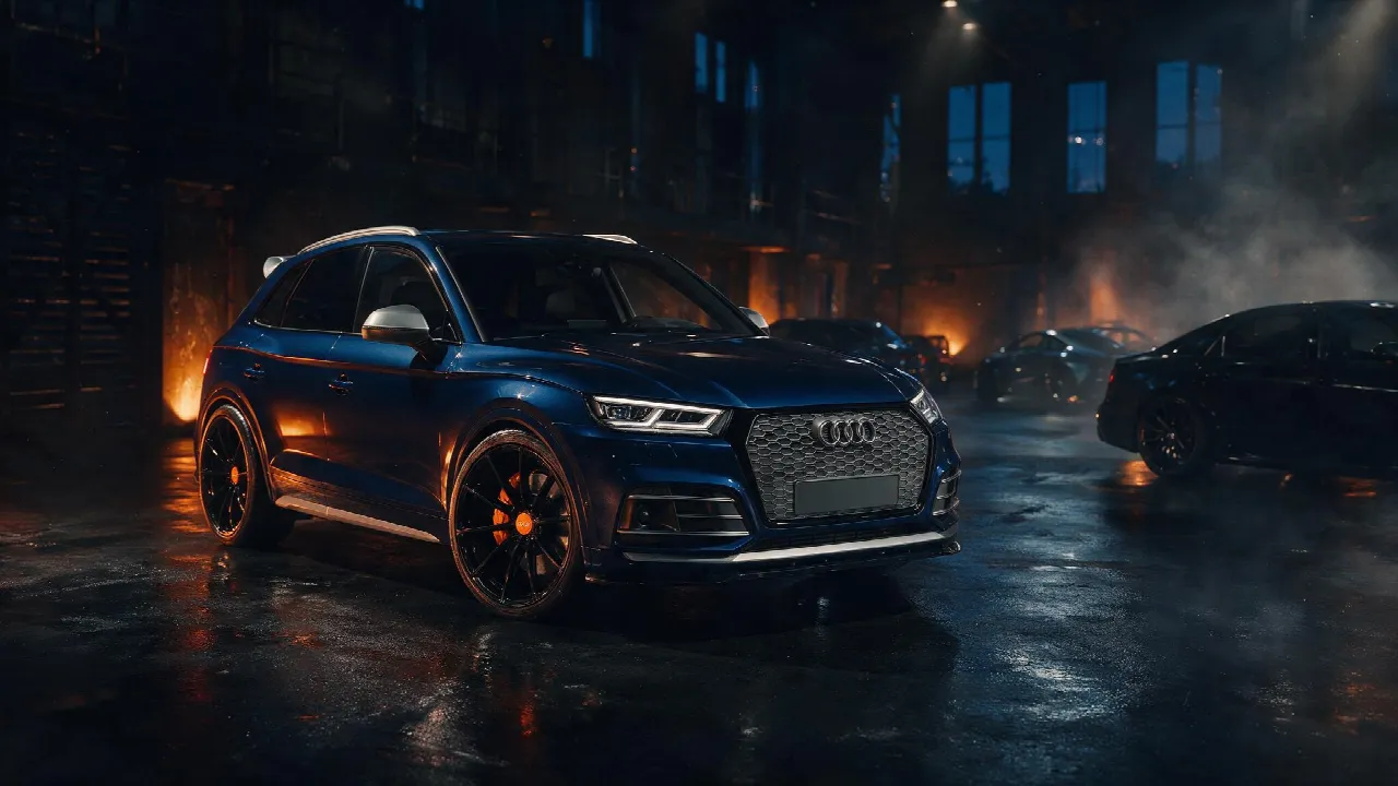 Audi Q5 45 TFSI in een donkere werkplaats