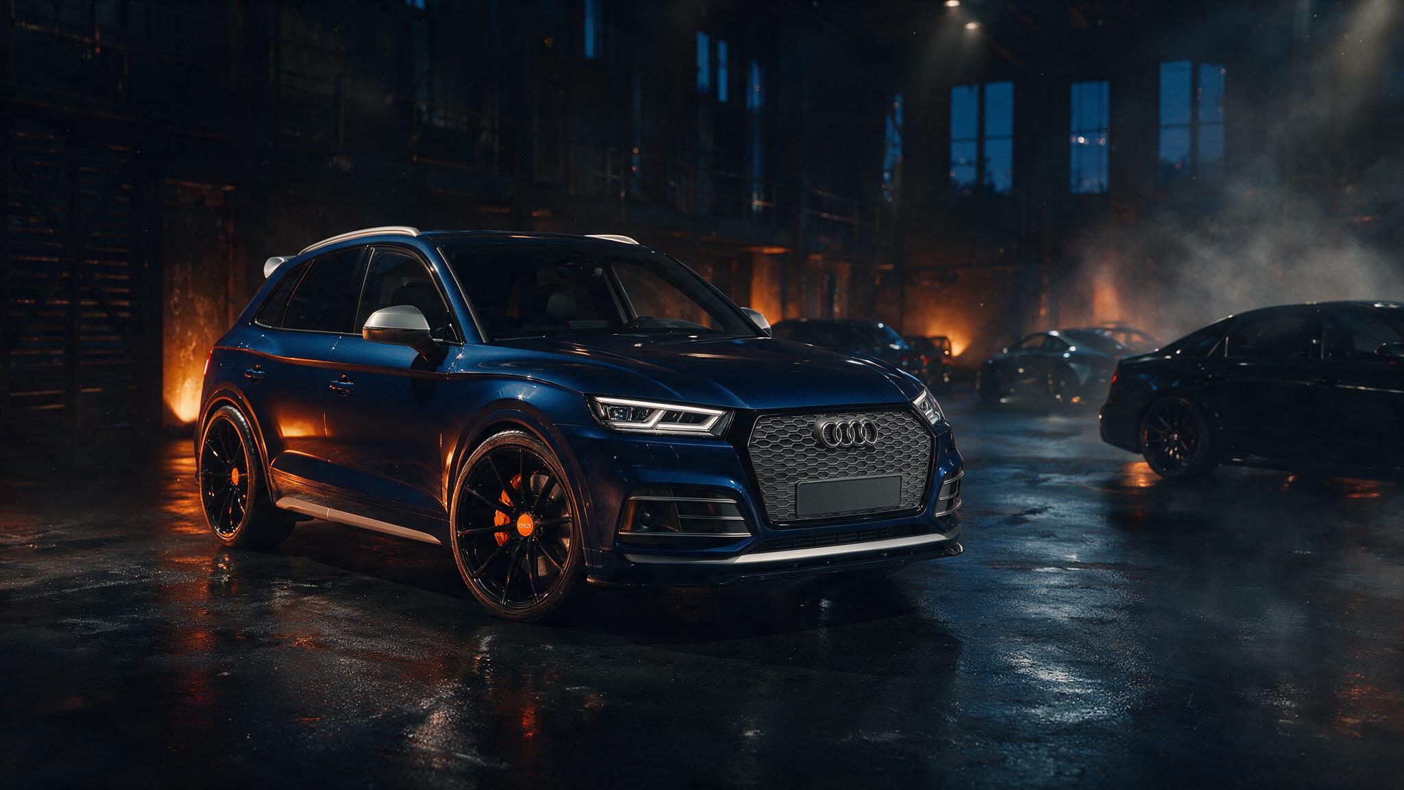 Audi Q5 45 TFSI in een donkere werkplaats