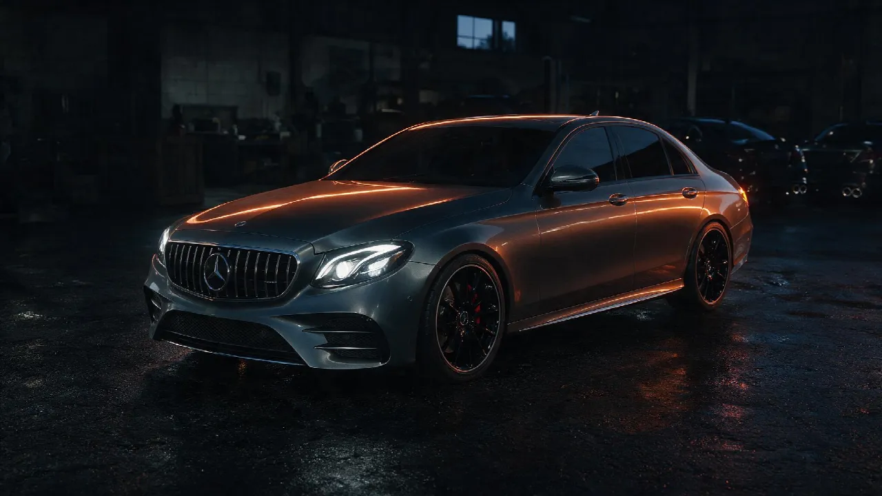 Mercedes-AMG E43 in een donkere werkplaats