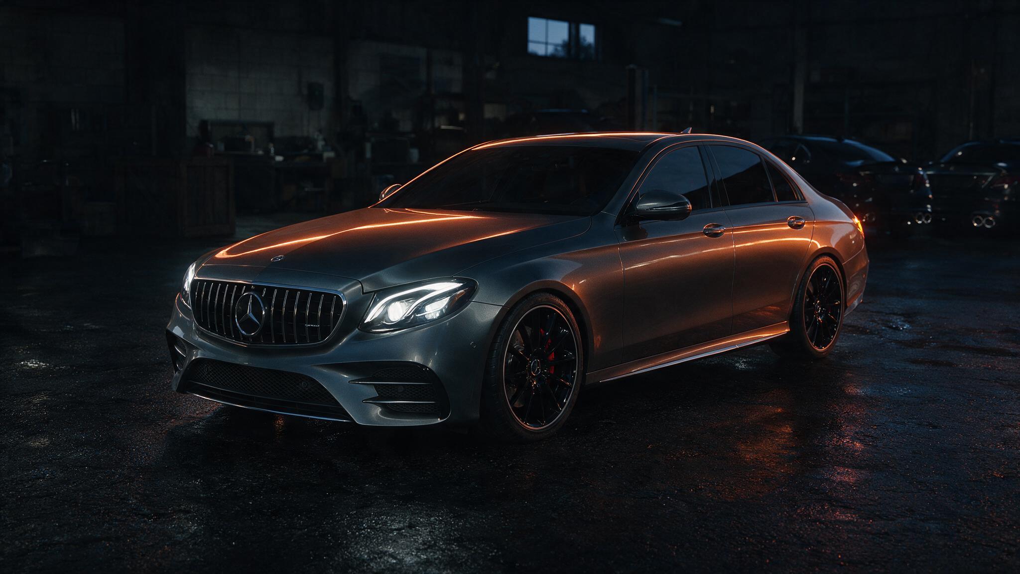 Mercedes-AMG E43 in een donkere werkplaats
