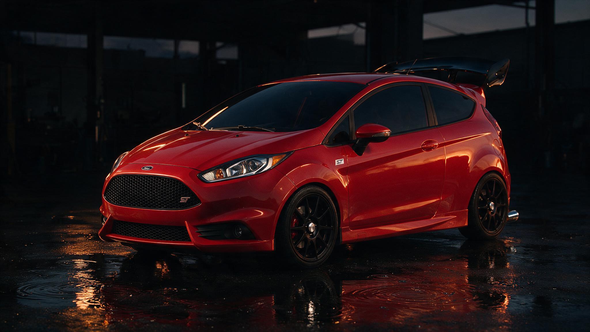 Ford Fiesta ST in een donkere werkplaats
