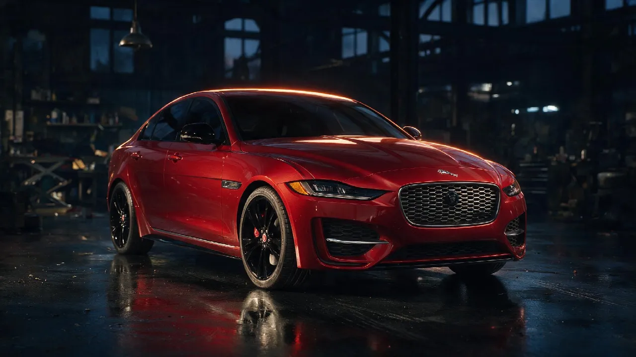 Jaguar XE P300 in een donkere werkplaats