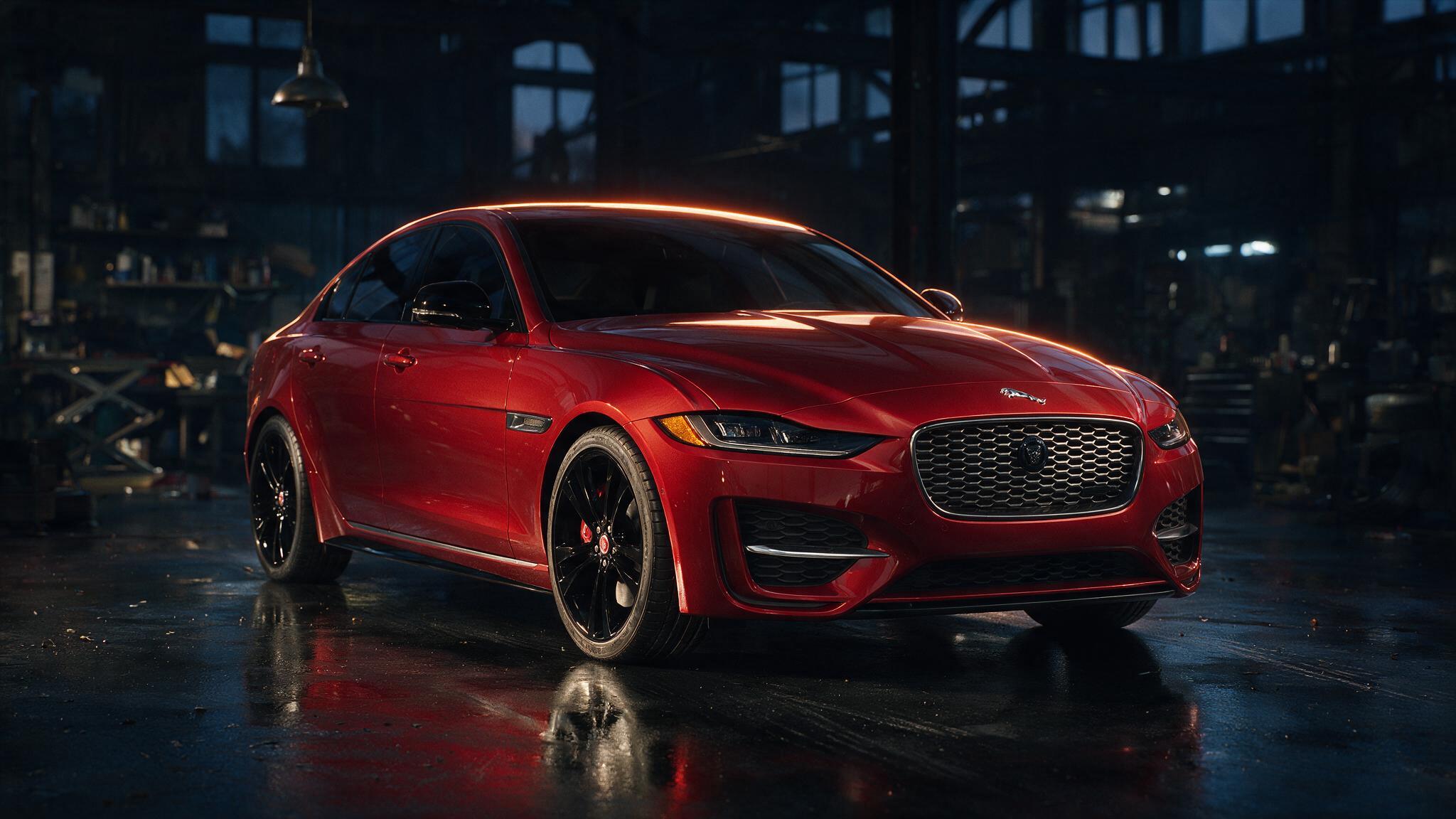 Jaguar XE P300 in een donkere werkplaats