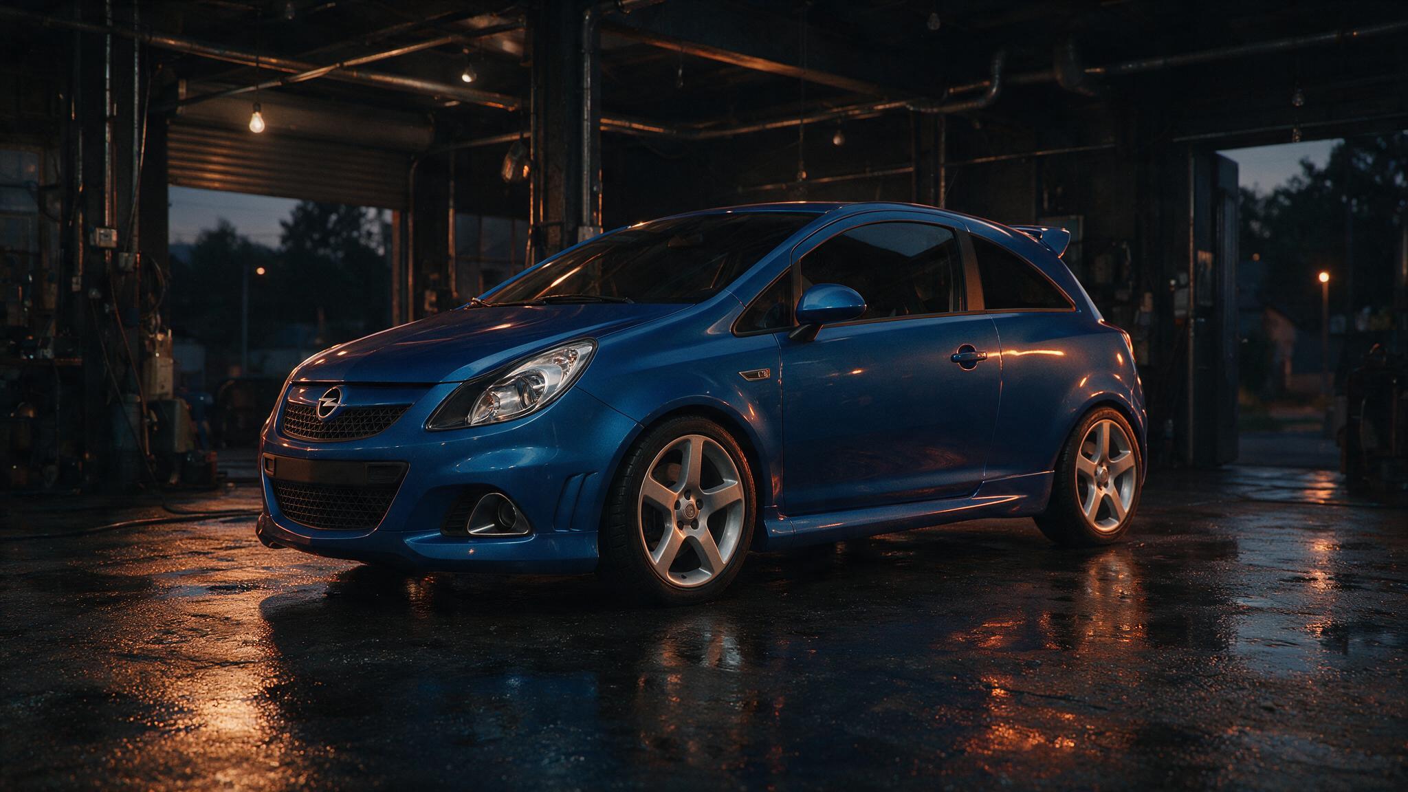 Opel Corsa OPC in een donkere werkplaats