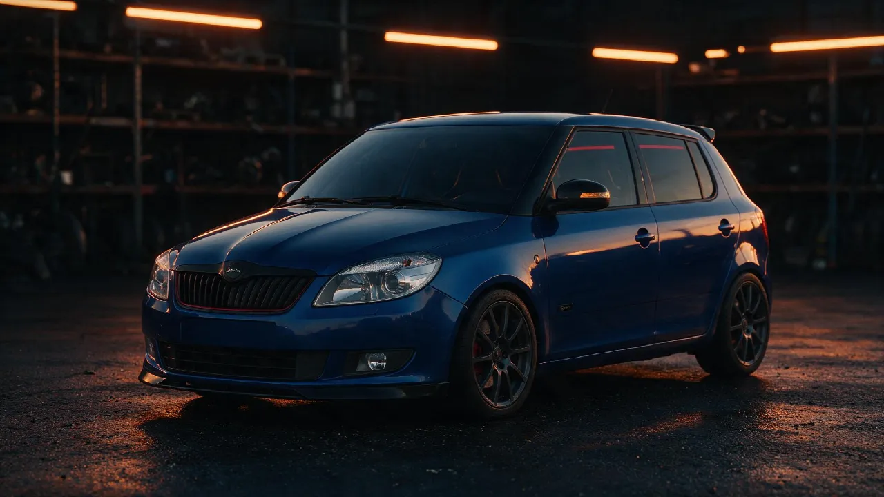 Skoda Fabia RS in een donkere werkplaats