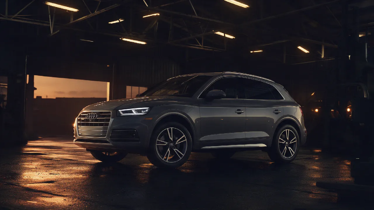 Audi Q5 2.0 TFSI in donkere werkplaats bij dusk met oranje licht
