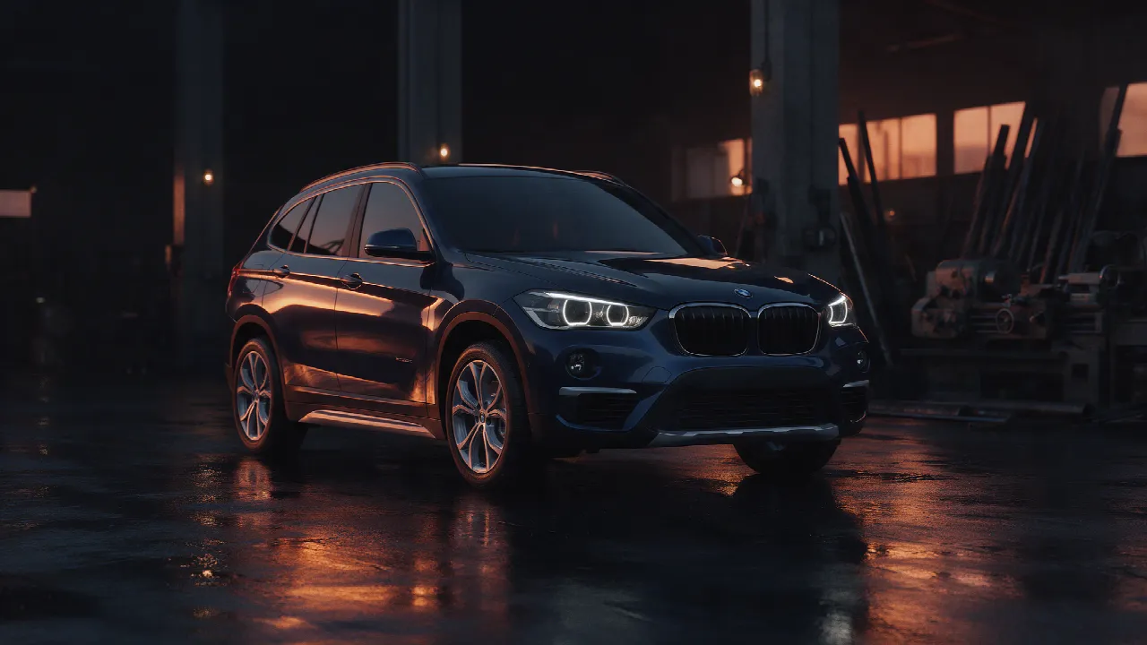 BMW X1 xDrive20i in donkere werkplaats bij dusk met oranje licht