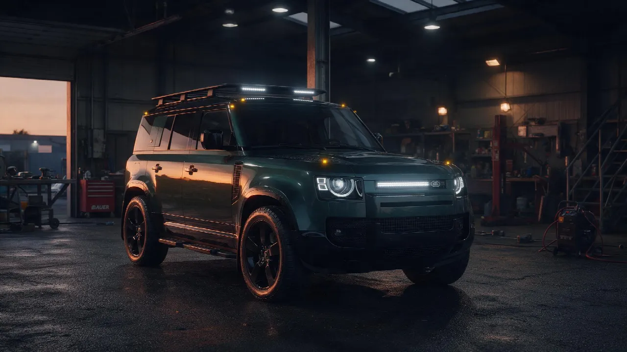 Land Rover Defender 110 P400 in donkere tuningwerkplaats
