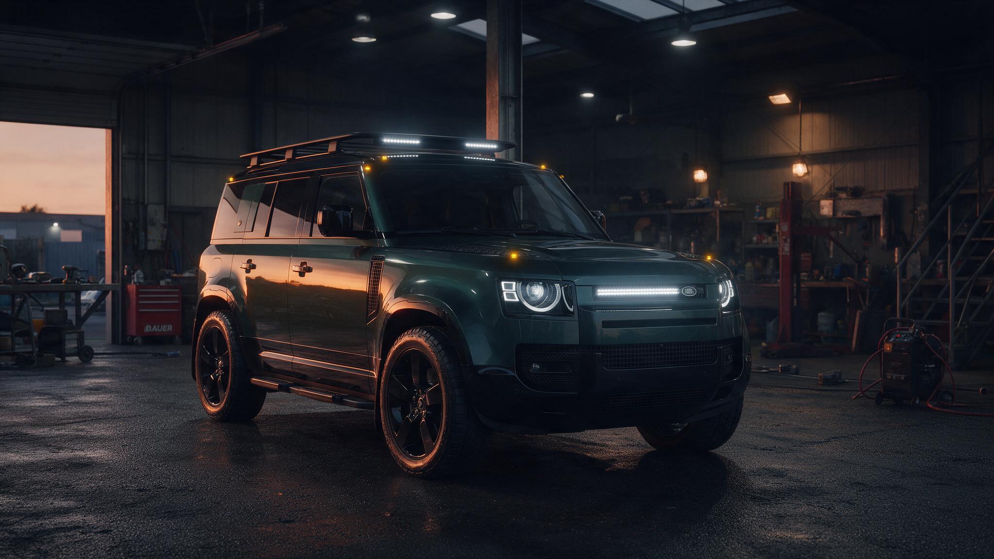 Land Rover Defender 110 P400 in donkere tuningwerkplaats